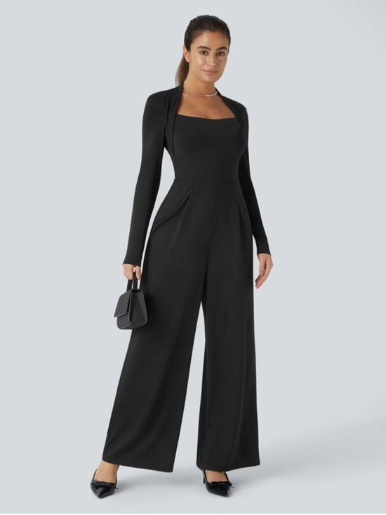 HALARA Pants - HALARA Black Square-Neck Wide-Leg Jumpsuit